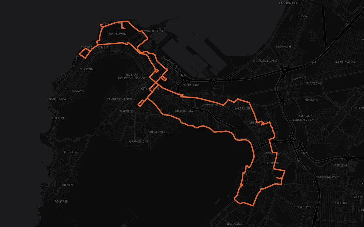 Cape Town Marathon course map, DHL Stadium, Green Point to Vlei Road, Green Point, dark mode
